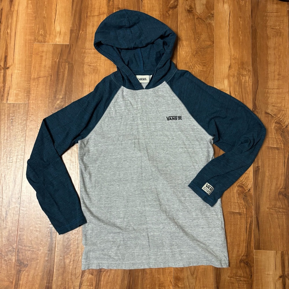 Vans Grey and Blue Hooded Long Sleeve Shirt Youth Size Large